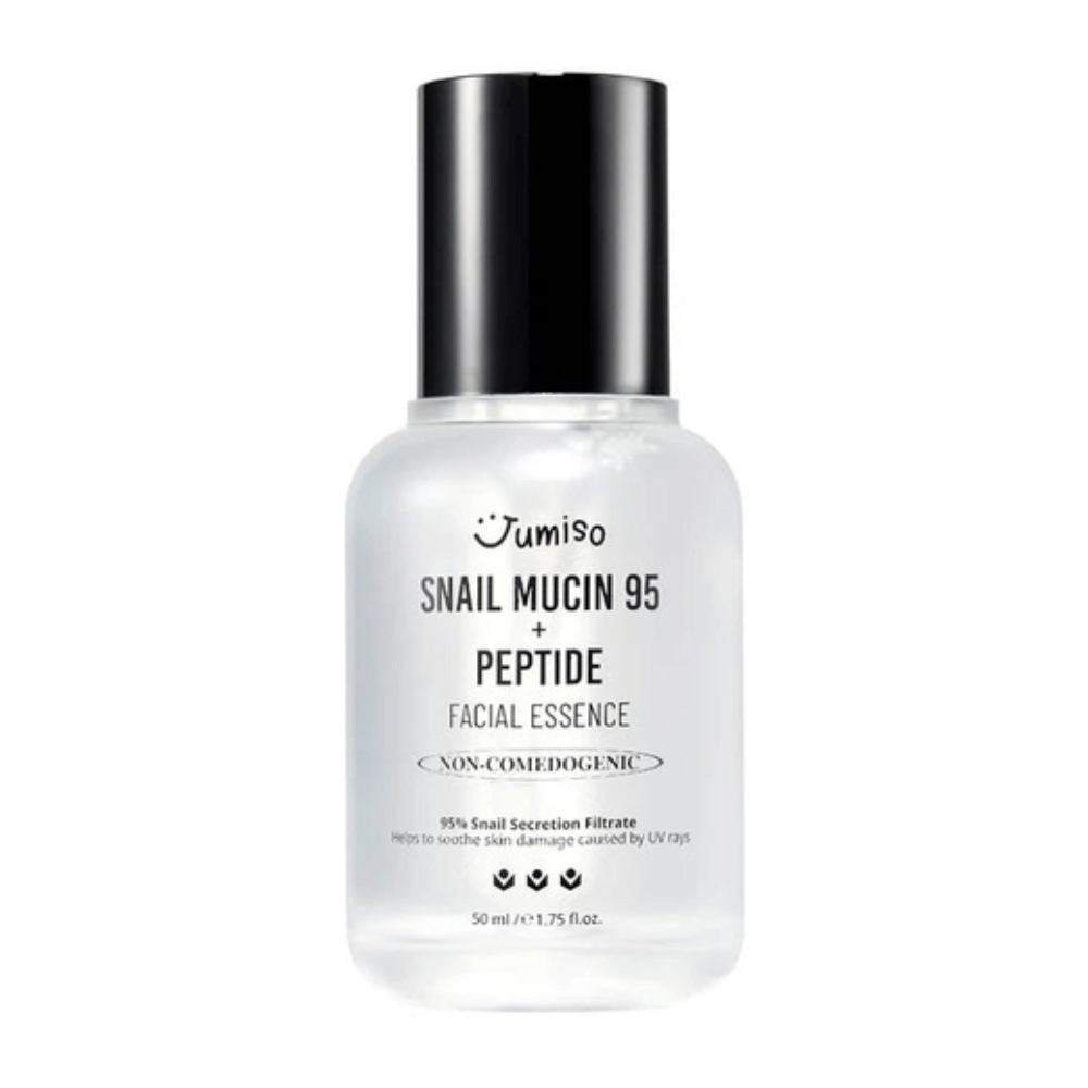 Jumiso Snail Mucin 95 + Peptide Facial Essence in a transparent bottle with a black cap. Soothing, moisturizing, and non-comedogenic essence with 95% snail secretion.