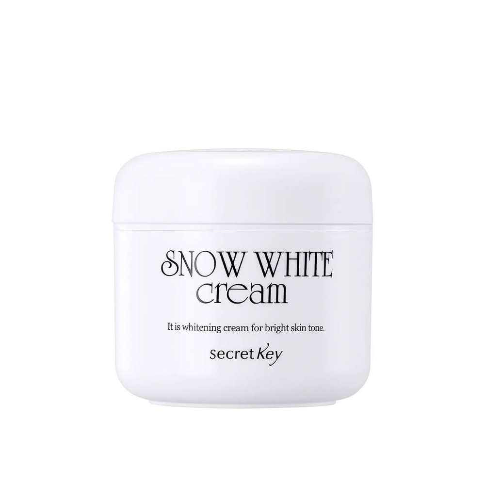 Product image of Secret Key Snow White Cream in a white jar with black text against a white background.