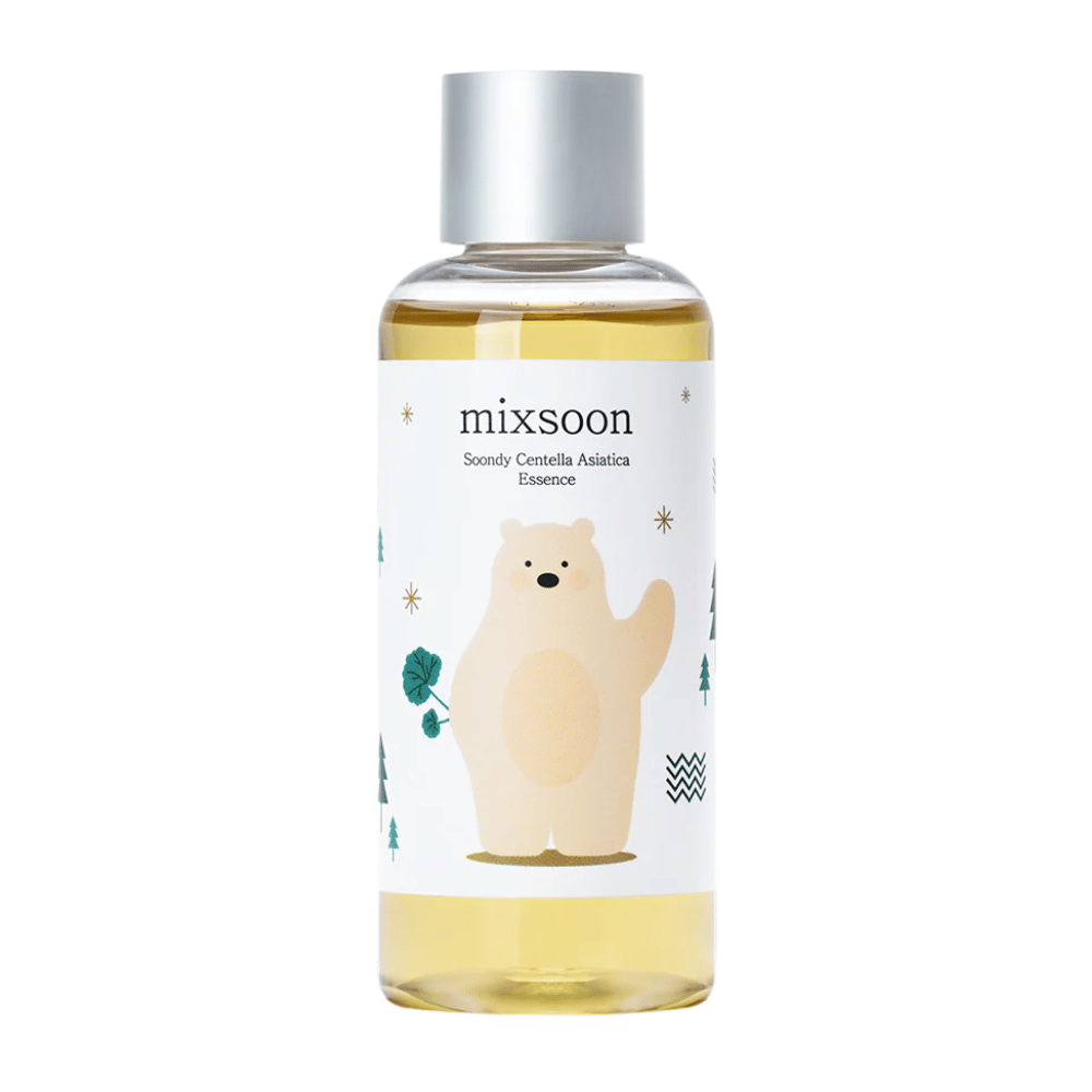 Product image of Mixsoon Soondy Centella Asiatica Essence in a transparent bottle with bear illustration, against a white background.