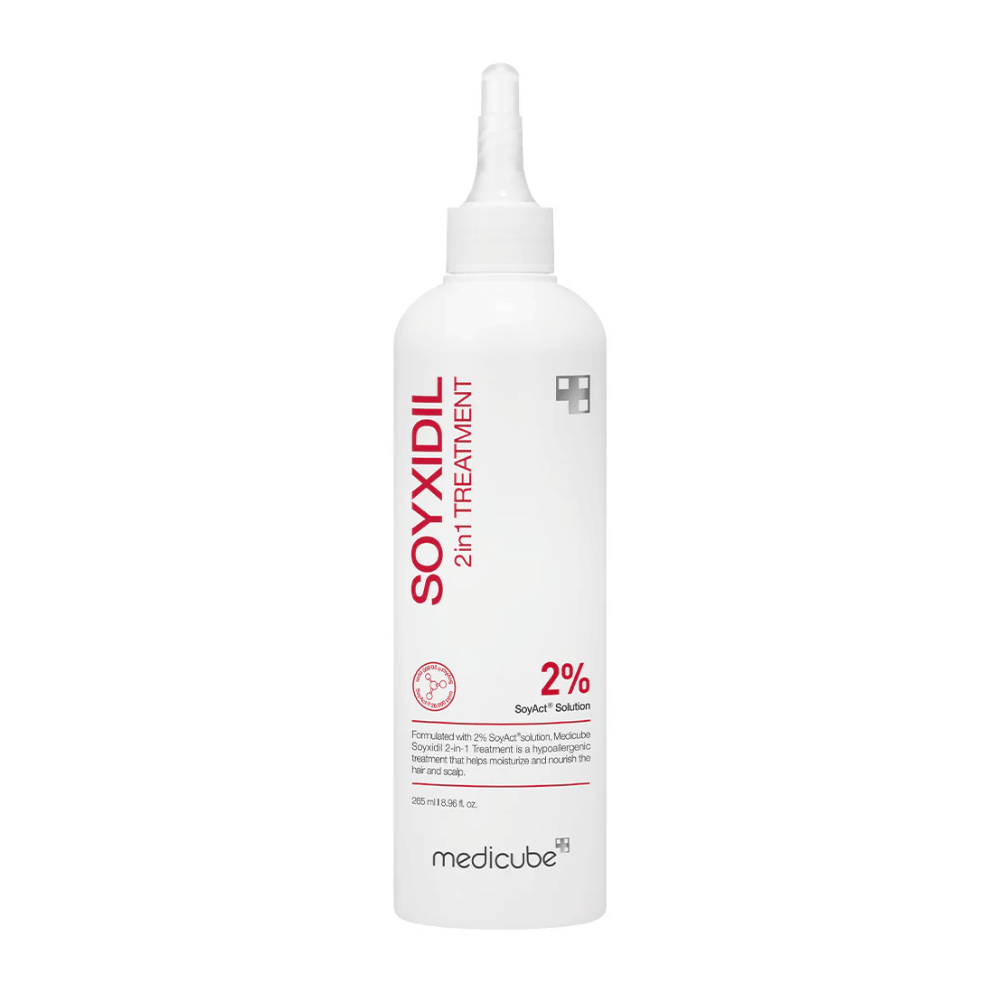 Product image of Medicube Soyxidil 2in1 Treatment in a white bottle with red text. Contains 2% SoyAct™ Solution to strengthen hair and scalp.