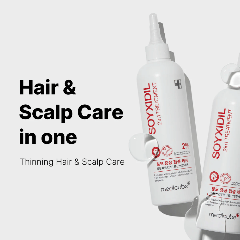 Medicube Soyxidil 2in1 Treatment is displayed with the text “Hair & Scalp Care in one – Thinning Hair & Scalp Care”. For stronger hair and a healthier scalp.