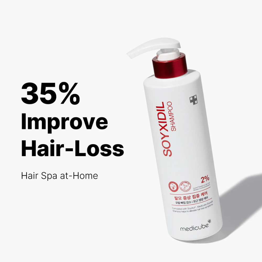 Medicube Soyxidil Shampoo displayed with text: “35% Improve Hair-Loss – Hair Spa at-Home”. Shampoo for hair loss and a healthy scalp.