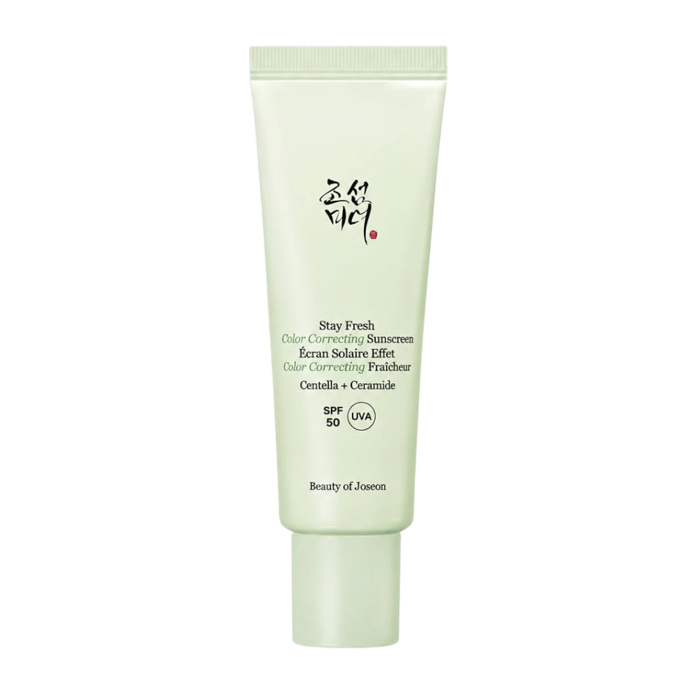 5. Beauty of Joseon Stay Fresh Color Correcting Sunscreen SPF 50 – green color-correcting sunscreen against a white background