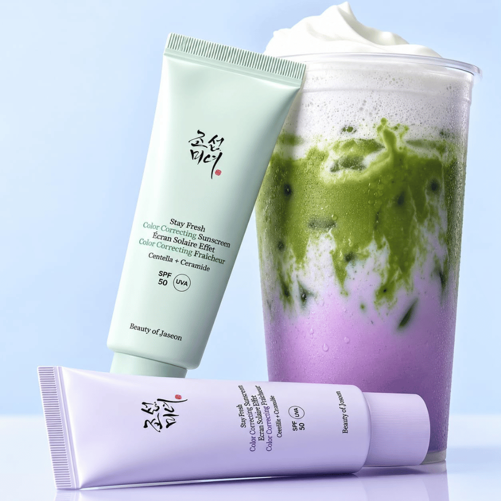 1. Beauty of Joseon Stay Fresh Color Correcting Sunscreen SPF 50 – green and purple sunscreen with matching drink