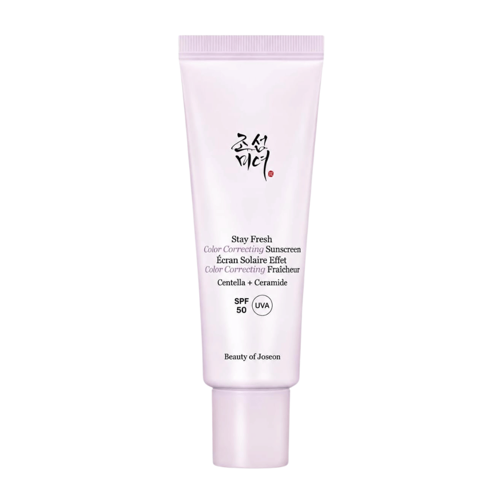 4. Beauty of Joseon Stay Fresh Color Correcting Sunscreen SPF 50 – purple color-correcting sunscreen against a white background