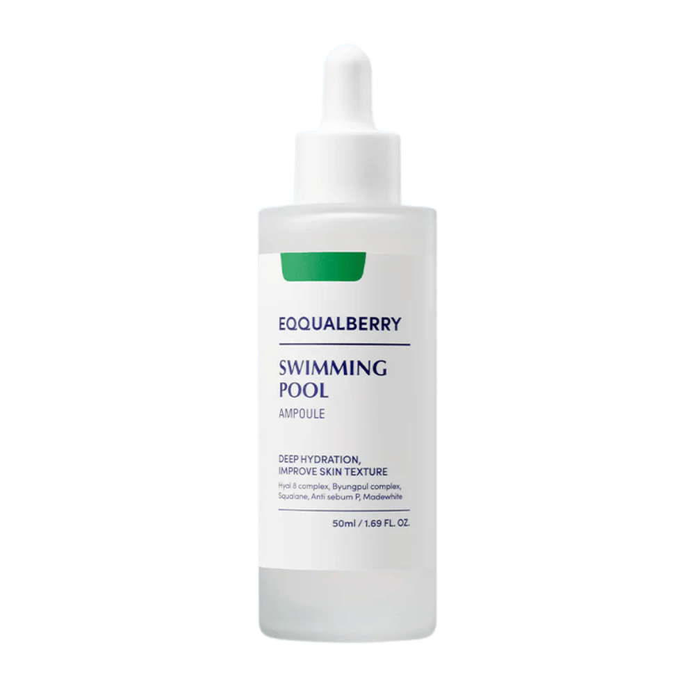 Bottle with Eqqualberry Swimming Pool Ampoule, a moisturizing ampoule that improves skin texture, in front of a white background.