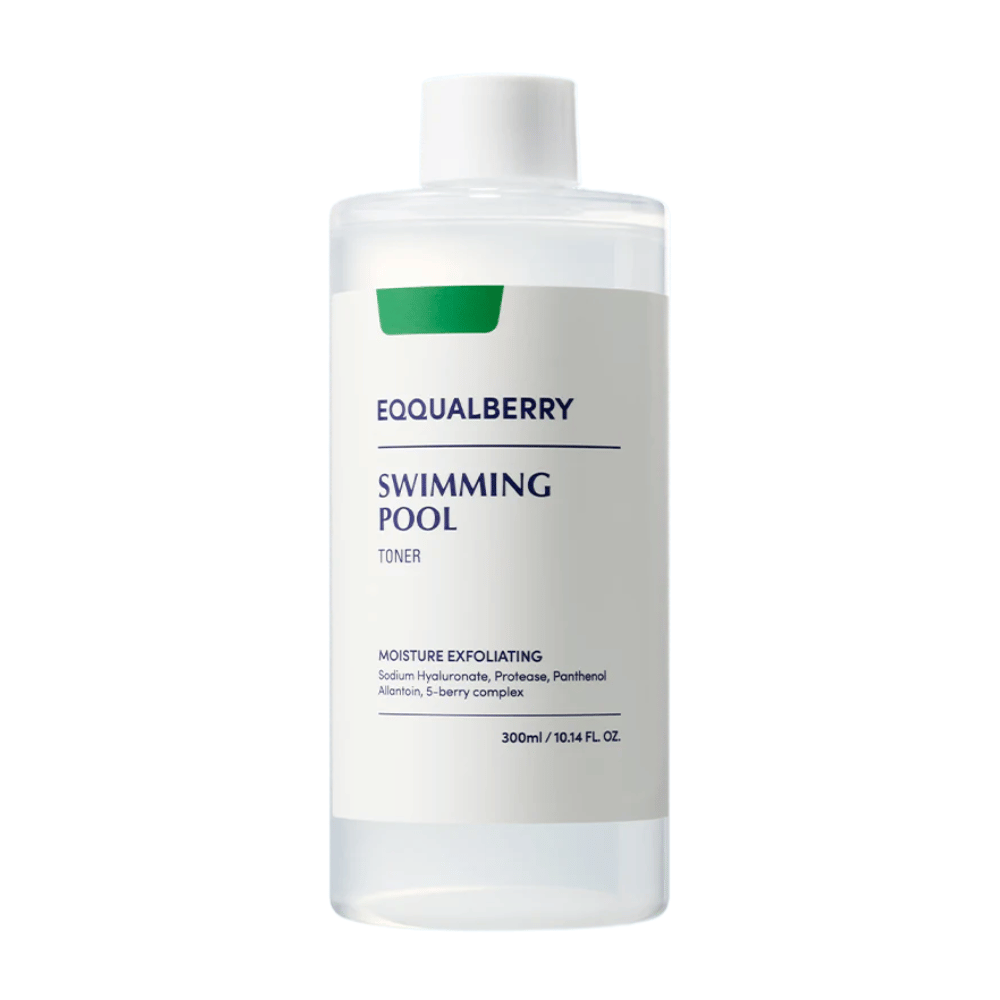 Equalberry Swimming Pool Toner in a minimalist transparent bottle with a white label. Moisturizing and exfoliating formula for fresh and balanced skin.