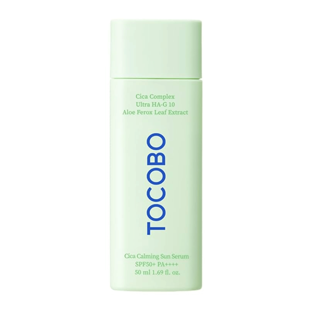 TOCOBO Cica Calming Sun Serum in a mint green bottle with blue text, SPF50+ PA++++, 50 ml.