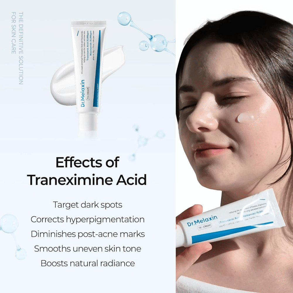 Skincare with tranexamic acid that reduces hyperpigmentation, acne scars, and dark spots while giving a more even and more radiant complexion