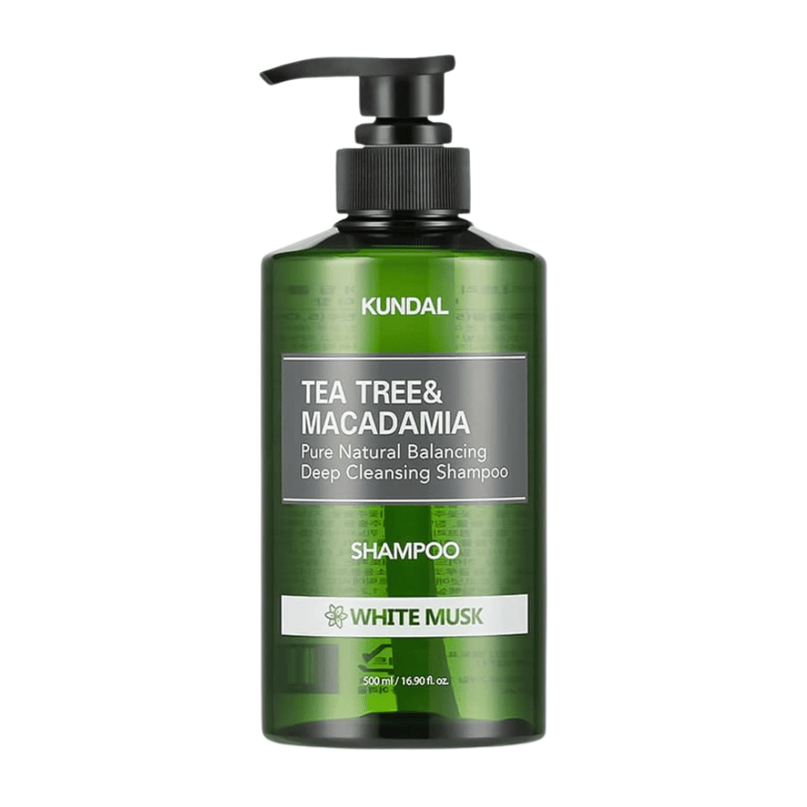 Clean cut-out product image of KUNDAL Tea Tree & Macadamia Deep Cleansing Shampoo White Musk with a green transparent bottle and pump design.
