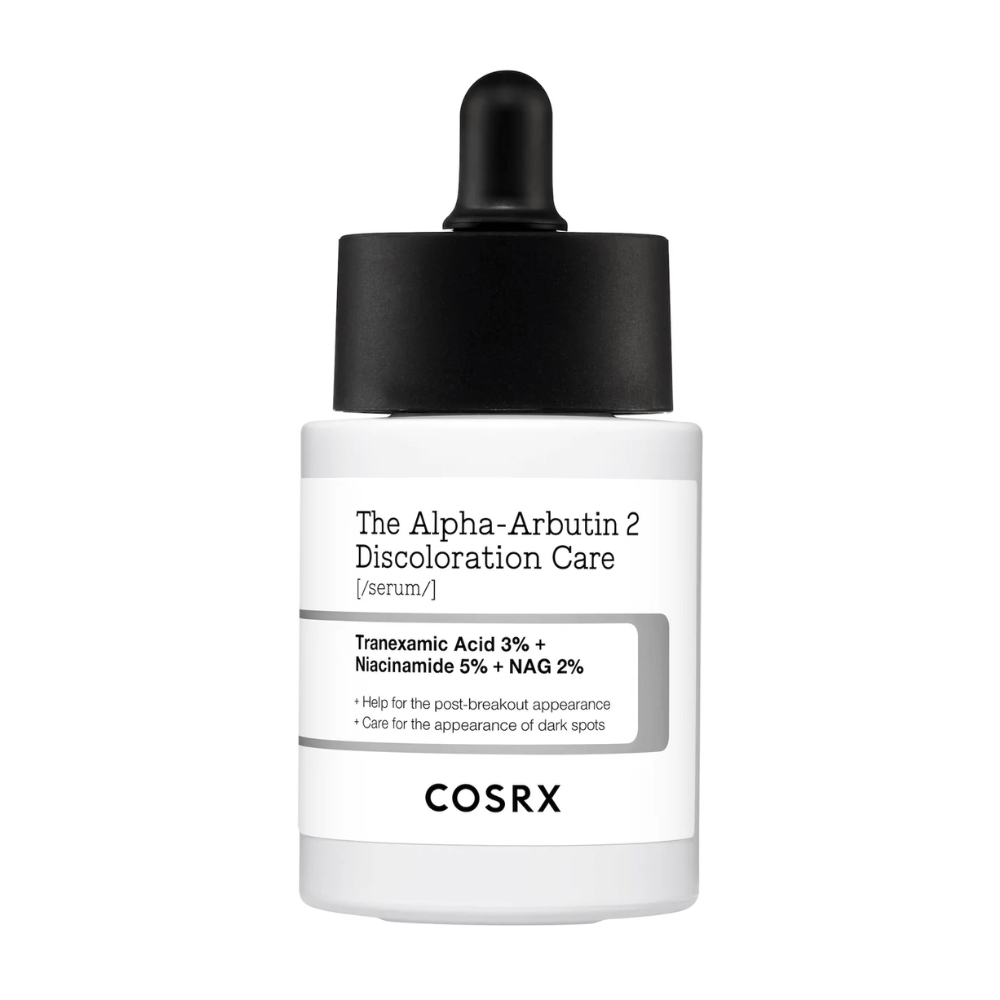 COSRX The Alpha-Arbutin 2 Discoloration Care Serum with 3% tranexamic acid, 5% niacinamide and 2% NAG. A serum targeting dark spots and pigmentation for a more even skin tone and enhanced radiance.