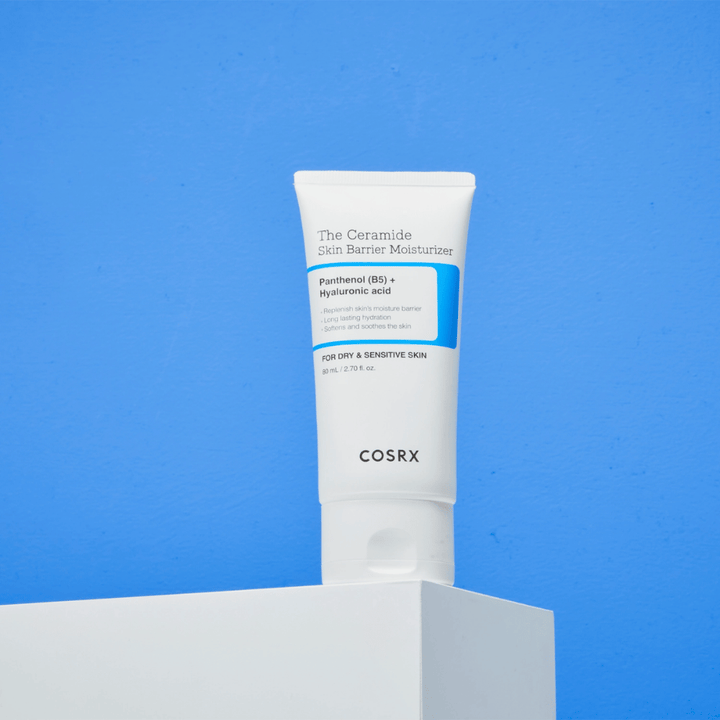 COSRX The Ceramide Skin Barrier Moisturizer on pedestal – moisturizing face cream with ceramides, panthenol, and hyaluronic acid for dry and sensitive skin.