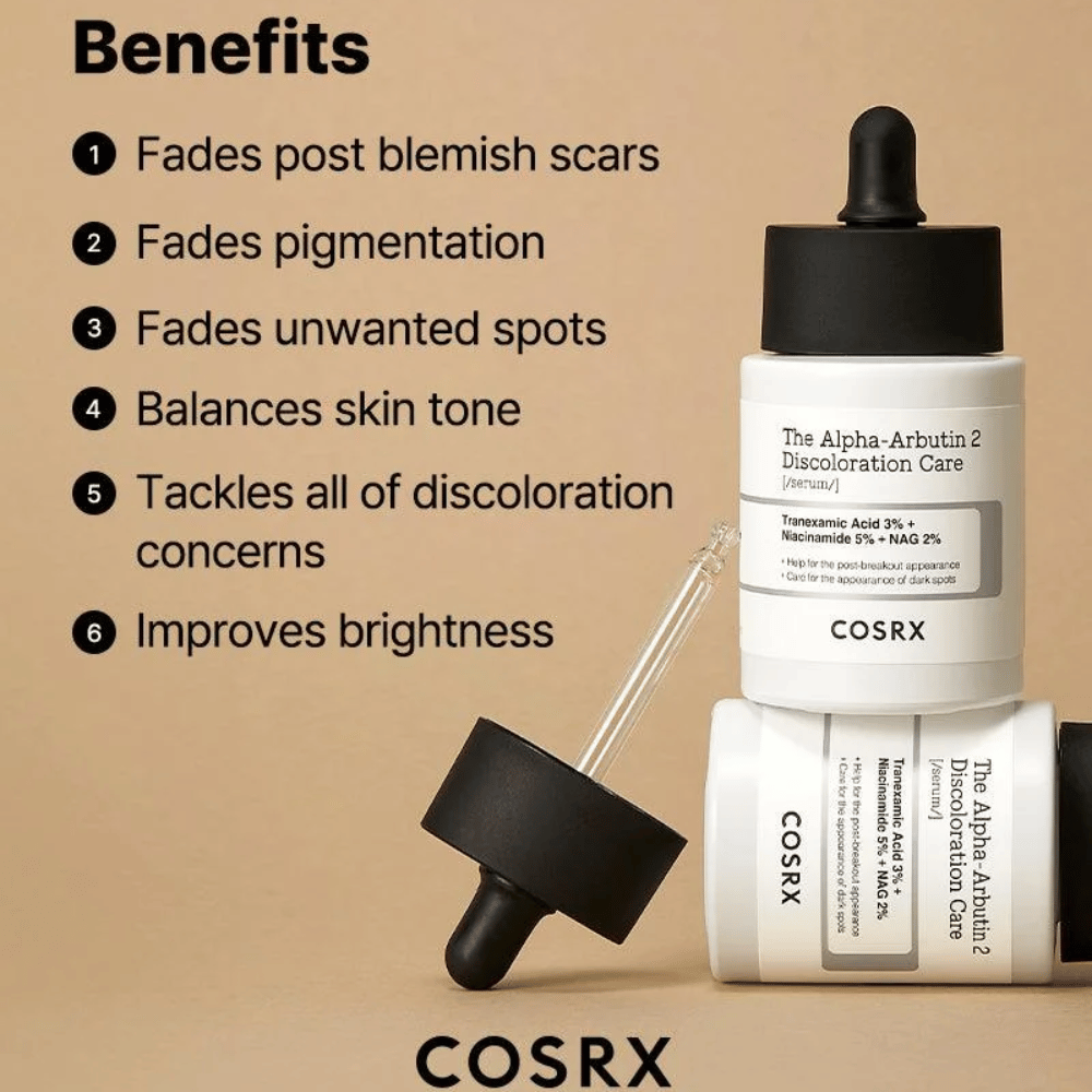 COSRX The Alpha-Arbutin 2 Discoloration Care Serum helps to reduce acne scars, lighten pigmentation spots, even out skin tone and improve skin radiance. Contains tranexamic acid, niacinamide and NAG for clearer skin.