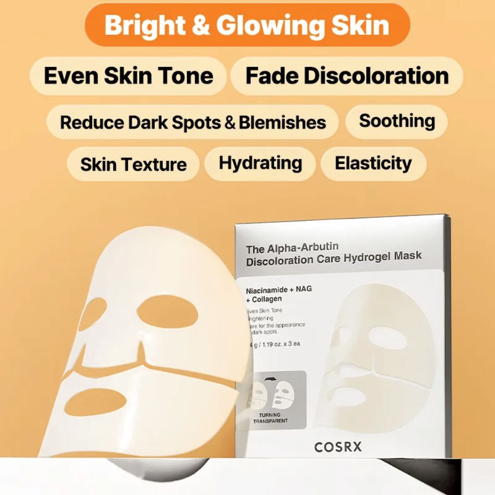 COSRX Alpha-Arbutin Hydrogel Mask – Sheet mask that provides radiance, even skin tone, reduces dark spots, and improves skin elasticity.