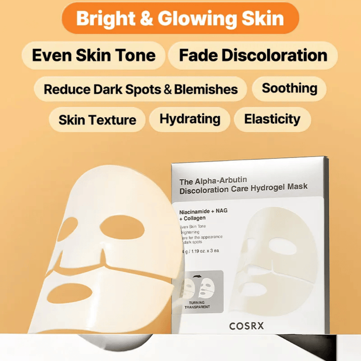 COSRX Alpha-Arbutin Hydrogel Mask – Sheet mask that provides radiance, even skin tone, reduces dark spots, and improves skin elasticity.
