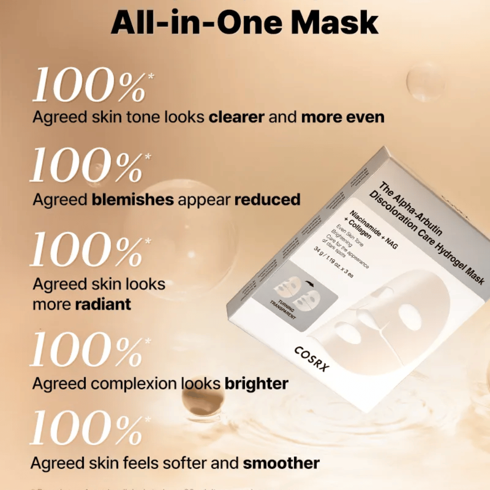 COSRX Alpha-Arbutin Discoloration Care Hydrogel Mask with packaging – all-in-one Sheet mask for radiance, even skin tone, and reduced discoloration.