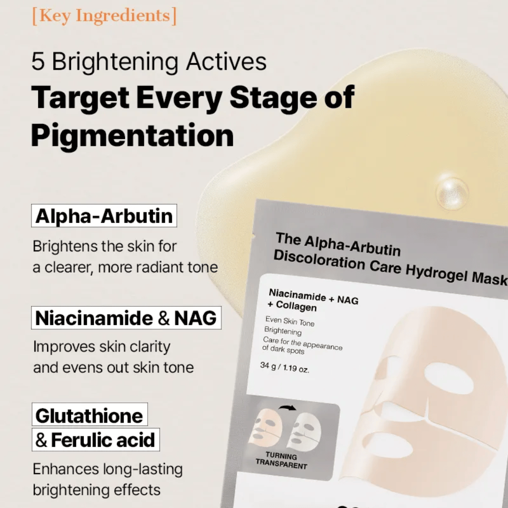 COSRX Alpha-Arbutin Discoloration Care Hydrogel Mask with alpha-arbutin and niacinamide – Sheet mask that helps reduce pigmentation spots and even out skin tone.