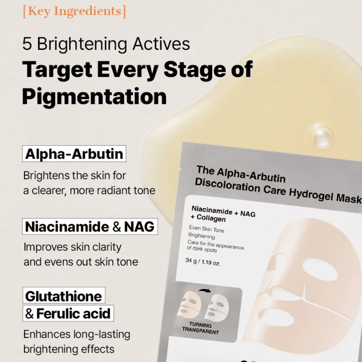 COSRX Alpha-Arbutin Discoloration Care Hydrogel Mask with alpha-arbutin and niacinamide – Sheet mask that helps reduce pigmentation spots and even out skin tone.