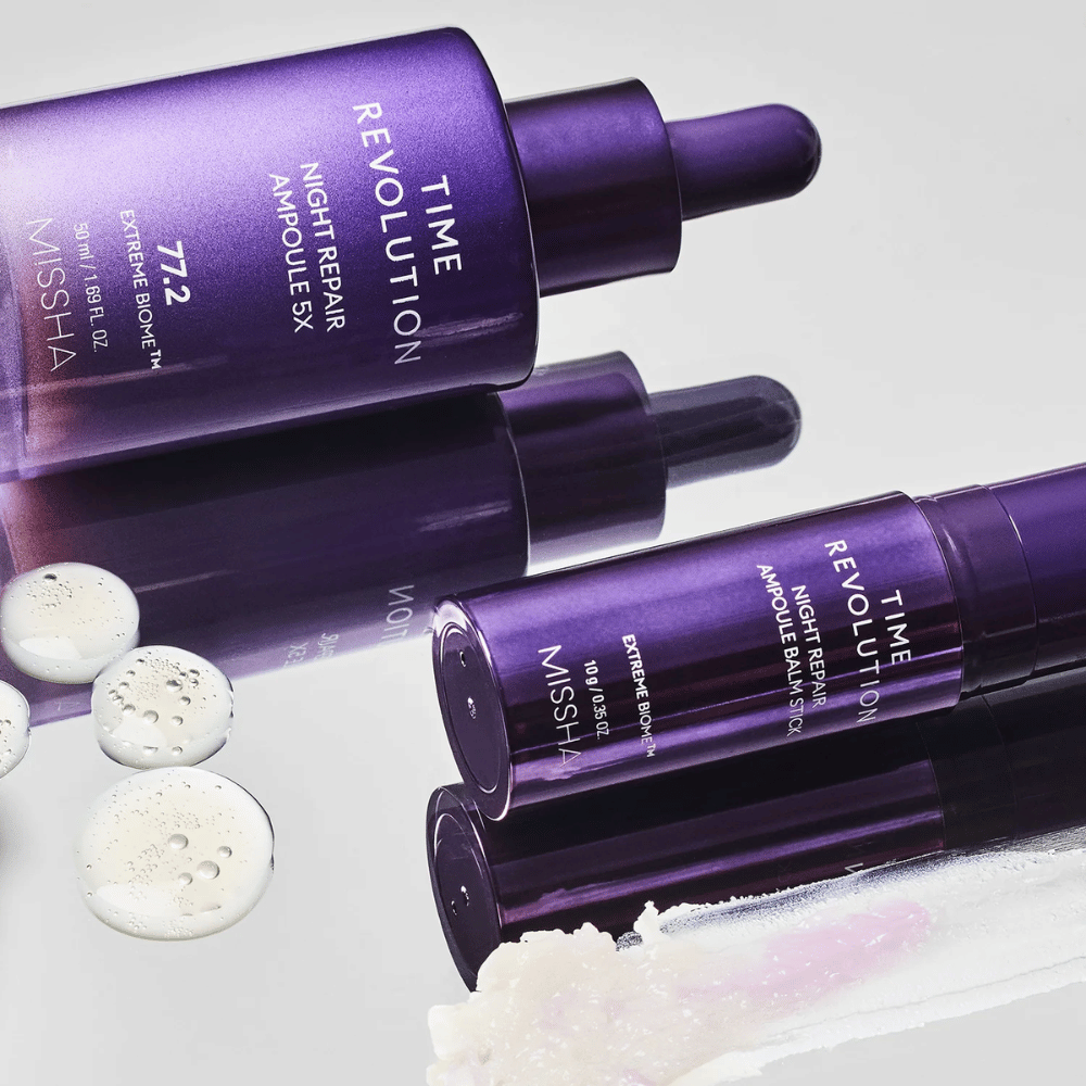 1. MISSHA Time Revolution Night Repair Ampoule 5X 50 ml – night ampoule with 77.2% Extreme Biome Complex in a purple dropper bottle