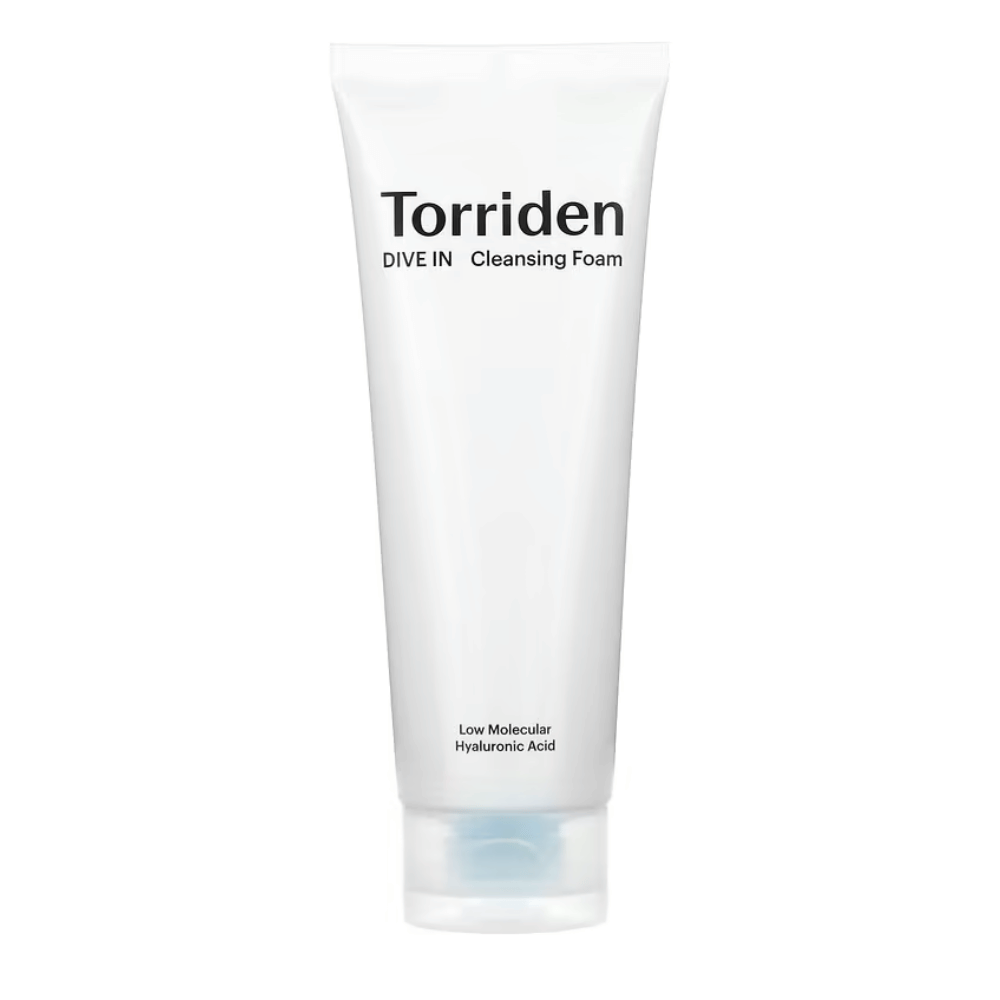 A tube DIVE-IN Low Molecular Hyaluronic Acid Cleansing Foam 150ml from Torriden on a white background.