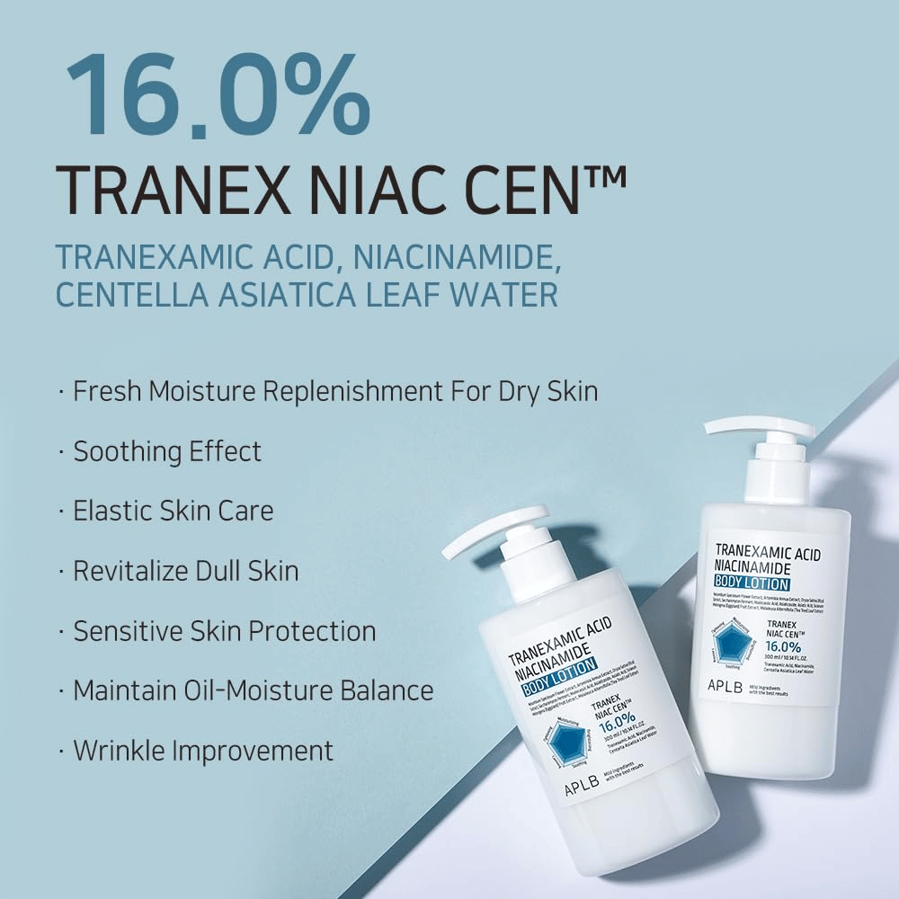 Benefit image presenting the product's 16% Tranex Niac Cen™ complex and its properties such as moisturization, soothing effect, improved skin elasticity, glow, and balanced oil and moisture levels.