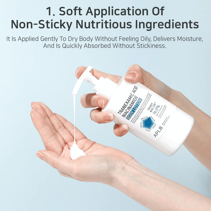 Usage image where the lotion is pumped into the hand to show its light, softening, and quickly absorbing texture without a sticky feel.