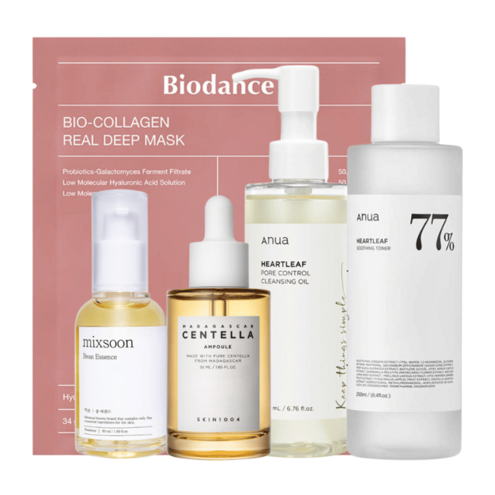 The set "Trending K-Beauty Must-Haves" contains Anua Heartleaf Pore Control Cleansing Oil, Heartleaf 77% Soothing Toner, Skin1004 Madagascar Centella Ampoule, and Mixsoon Bean Essence along with a Bio-Collagen Real Deep Mask from Biodance. These products are carefully selected to provide deep cleansing, intense hydration, and soothing effects for the skin, making them essential products for a comprehensive skincare routine.
