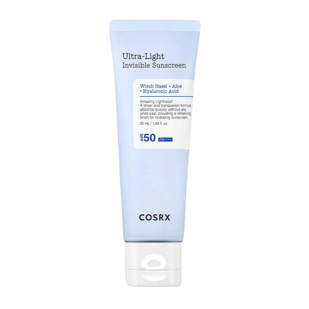 COSRX Ultra-Light Invisible Sunscreen in blue tube with SPF 50 PA++++, contains witch hazel, aloe vera, and hyaluronic acid – lightweight formula without white cast for moisturizing sun protection.