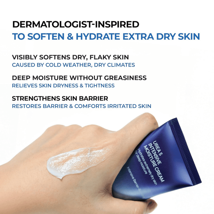 Informational image highlighting the main benefits of Jumiso Urea 5 Intensive Moisture Cream. The cream is described as dermatologically inspired for very dry skin and helps soften flaky skin, provide deep moisturization without feeling greasy, and strengthen the skin barrier. A hand shows the product’s creamy texture on the skin.