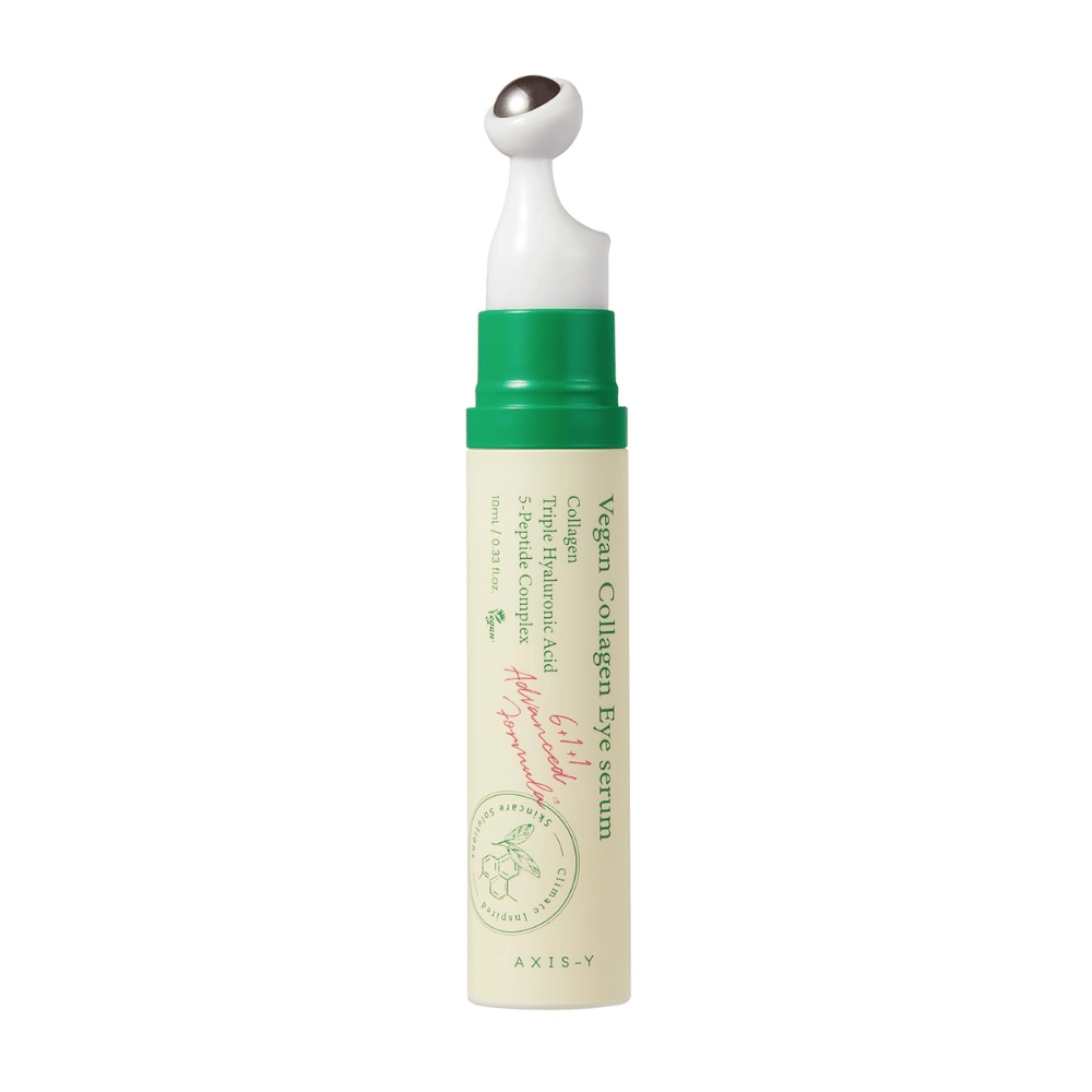 AXIS-Y Vegan Collagen Eye Serum 10ml with a green applicator, designed to reduce wrinkles and moisturize the sensitive area around the eyes. The product contains vegan collagen, hyaluronic acid, and a 5-peptide complex to provide intensive care and nourishment.