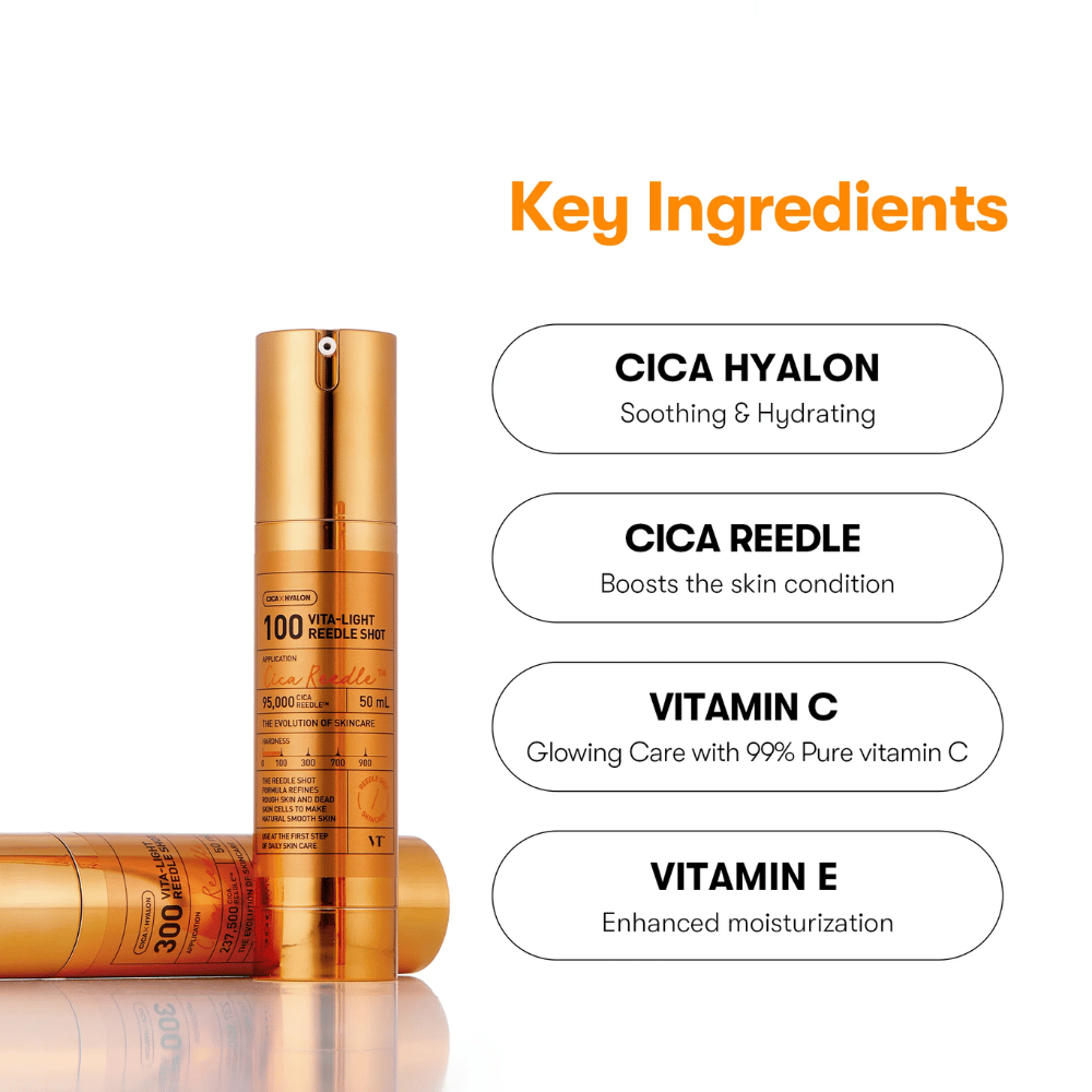 Golden bottle VT Cica Hyalon Vita-Light Reedle Shot 100hL, 50 ml, with pump, standing next to a lying bottle. To the right, key ingredients are listed: Cica Hyalon, Cica Reedle, Vitamin C, and Vitamin E.