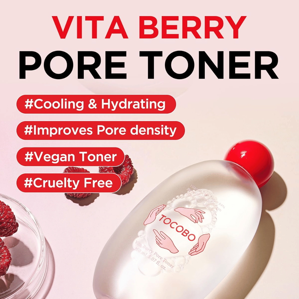 Product image with text highlighting the toner’s properties such as hydration, a cooling sensation, improved pore care, and that the product is vegan and cruelty-free.