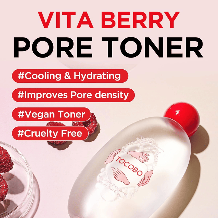 Product image with text highlighting the toner’s properties such as hydration, a cooling sensation, improved pore care, and that the product is vegan and cruelty-free.