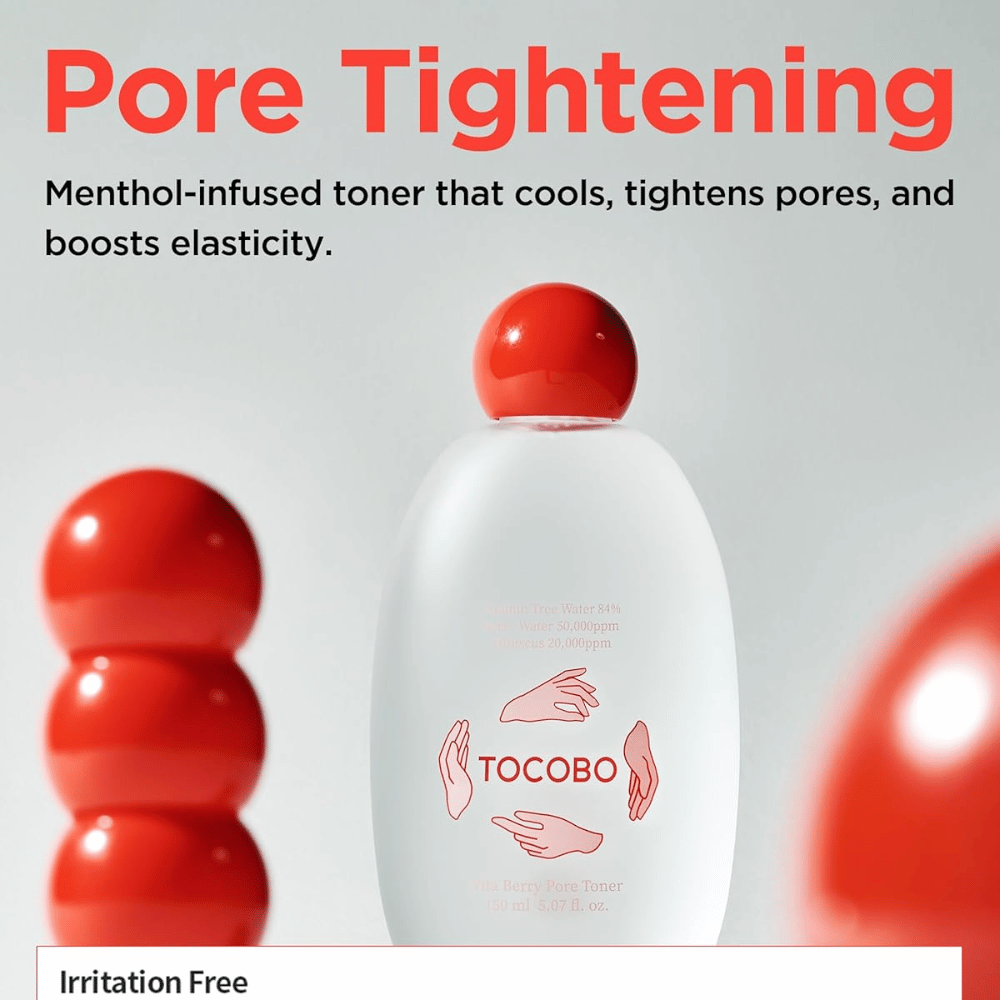 Promotional image for TOCOBO Vita Berry Pore Toner describing the toner’s cooling effect, pore-tightening properties, and improved skin elasticity with a menthol-infused formula.