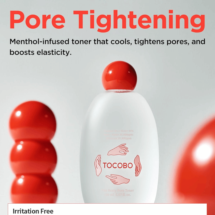 Promotional image for TOCOBO Vita Berry Pore Toner describing the toner’s cooling effect, pore-tightening properties, and improved skin elasticity with a menthol-infused formula.