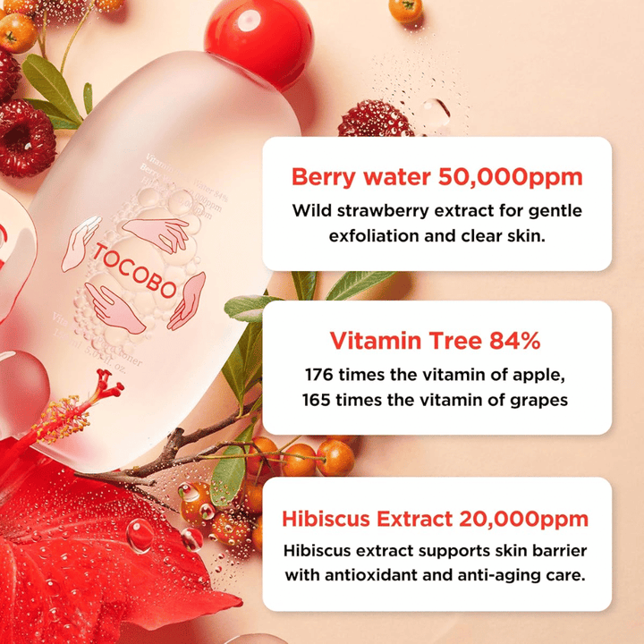 Ingredient image highlighting the key ingredients in the toner, including berry water, vitamin tree, and hibiscus extract, with a focus on exfoliation, antioxidant care, and a strengthened skin barrier.