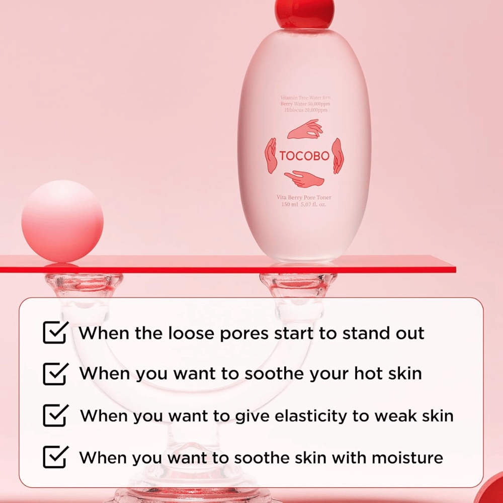 Product image of TOCOBO Vita Berry Pore Toner placed on a sleek pink podium with a focus on skincare for pores, hydration, and a soothing effect for the skin.