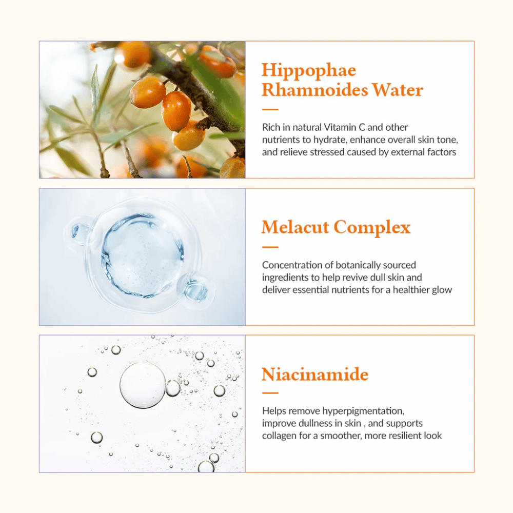 Close-up of key ingredients in Dr. Althea Vita Glow Mask: sea buckthorn water, Melacut Complex, and niacinamide. Provides radiance, moisturizes, and evens out the skin tone.