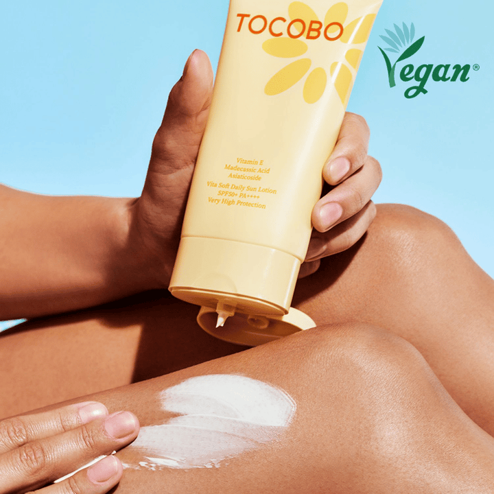 Application of Tocobo Vita Soft Daily Sun Lotion on the skin with a lightweight formula that absorbs quickly without stickiness and provides SPF50+ protection