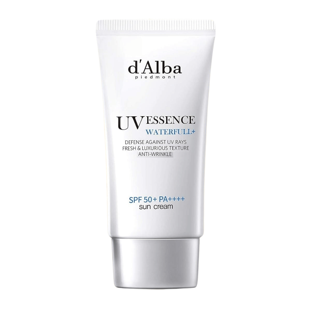 Product image of d'Alba UV Essence Waterfull+ Sun Cream with SPF 50+ PA++++ in a white and silver-colored tube, photographed against a white background.