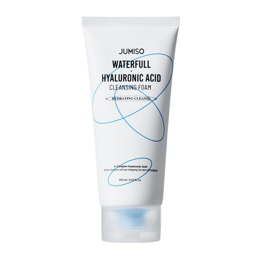 Jumiso Waterfull Hyaluronic Acid Cleansing Foam presented against a white background. Moisturizing face wash with hyaluronic acid that gently cleanses the skin without disrupting the skin’s natural moisture balance.