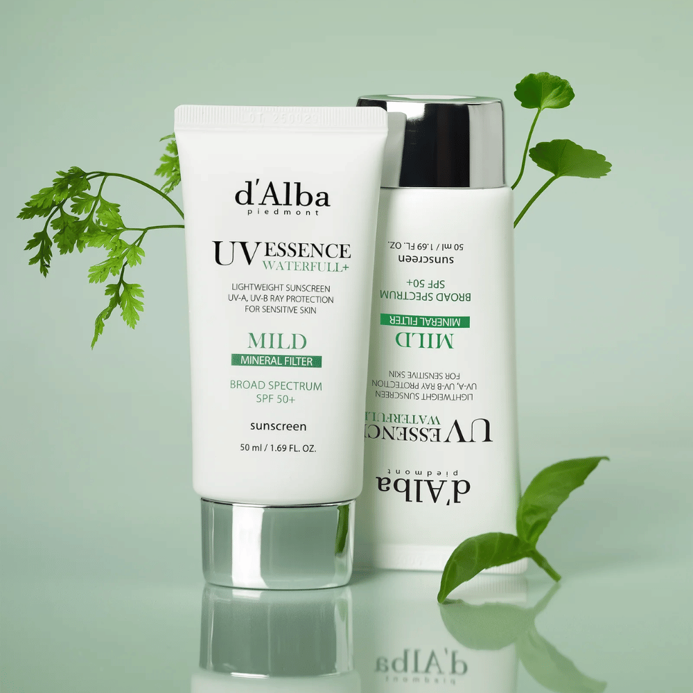 d’Alba Waterfull Mild Sun Cream SPF 50+ photographed with green leaves. Mild mineral-based sunscreen with broad-spectrum protection and moisturizing formula for sensitive skin.