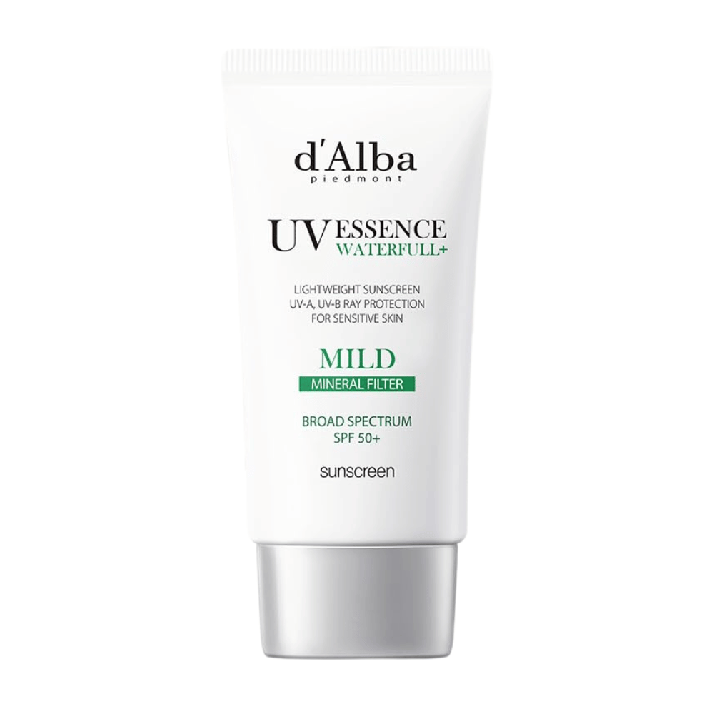 d’Alba Waterfull Mild Sun Cream SPF 50+ – mild sunscreen with mineral filter that protects sensitive skin against UVA/UVB. Light, moisturizing formula in a sleek white tube.