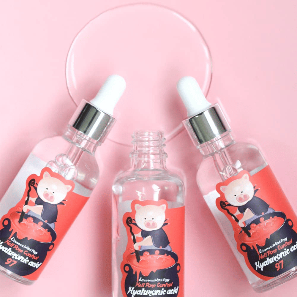Elizavecca Witch Piggy Hell Pore Control Hyaluronic Acid 97 serum with pipette, hydrating hyaluronic acid serum that provides intense moisture and plumping effect.
