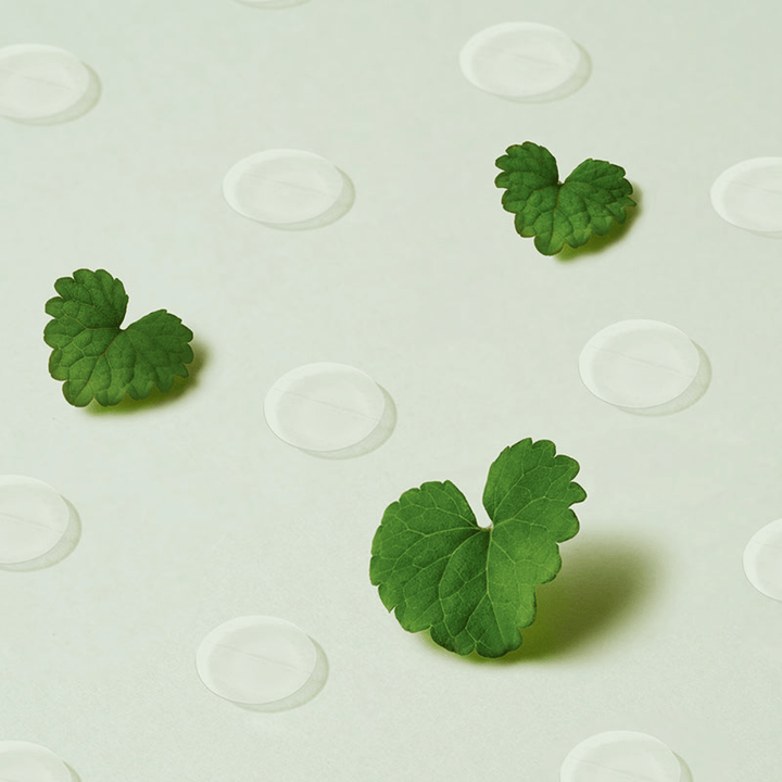 Transparent spot patches together with centella leaves illustrating Purito Wonder Releaf Centella Spot Patch and its soothing effect on inflamed and sensitive skin.