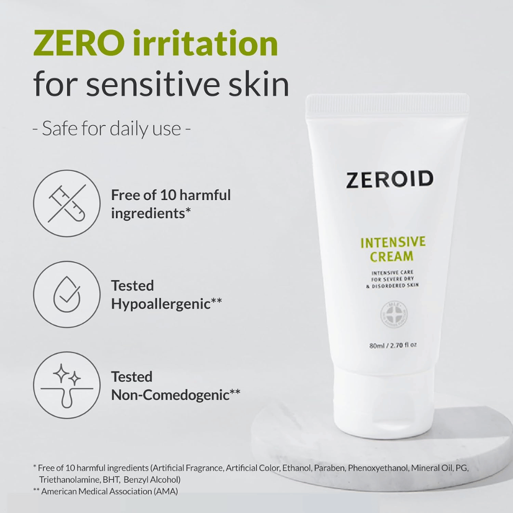 ZEROID Intensive Cream is developed for sensitive skin and is free from ten commonly used ingredients that may cause irritation. The cream is hypoallergenic tested, non-comedogenic, and suitable for daily use.