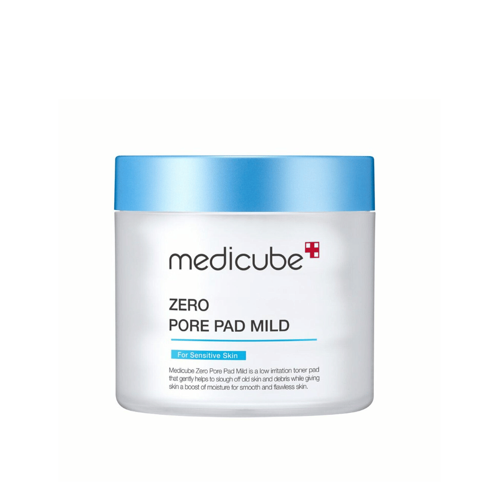 Medicube Zero Pore Pad Mild is a gentle toner pad for sensitive skin. It helps to gently exfoliate away dead skin cells and impurities while providing moisture for soft and smooth skin. The product has a blue and white packaging, ideal for daily use.