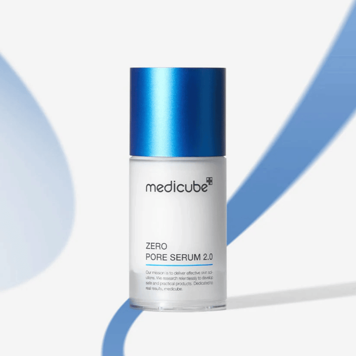 Medicube Zero Pore Serum 2.0 in sleek packaging with a blue cap, an effective facial serum for smoother skin and reduced pore size.