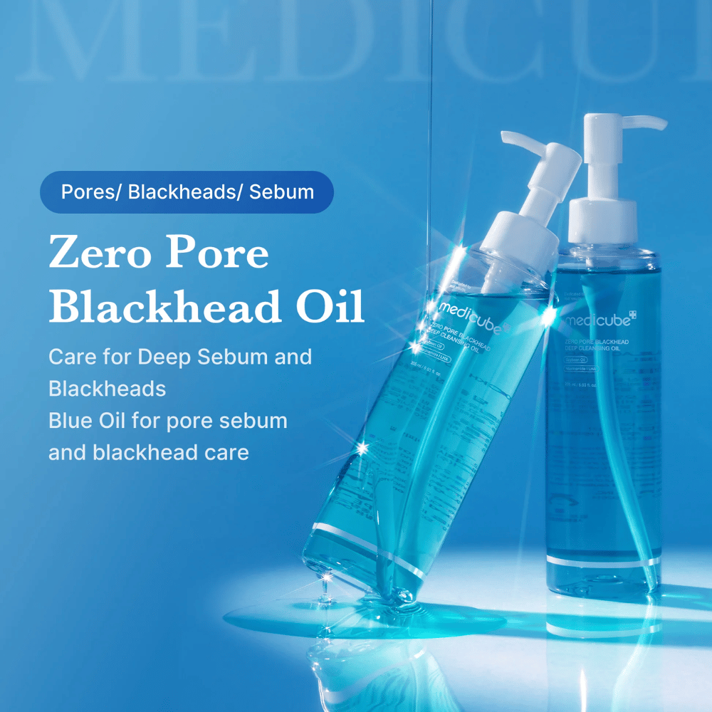 Two bottles of Medicube Zero Pore Blackhead Deep Cleansing Oil on a blue background with text highlighting its effect against pores, sebum, and blackheads.