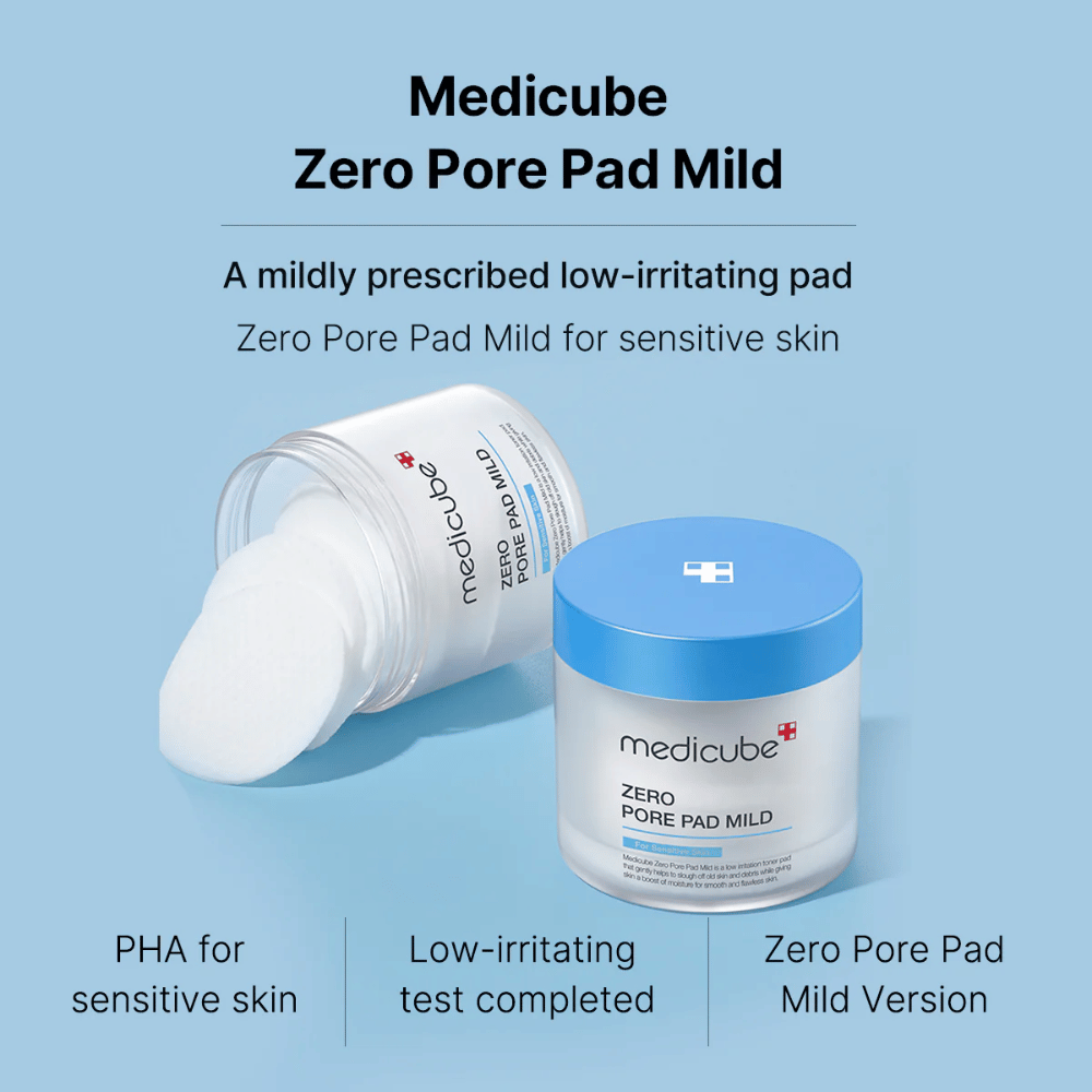 Medicube Zero Pore Pad Mild is specially designed for sensitive skin. These pads contain PHA, which is gentle on the skin, and have been tested to minimize irritation. Perfect for daily use to cleanse and hydrate the skin.
